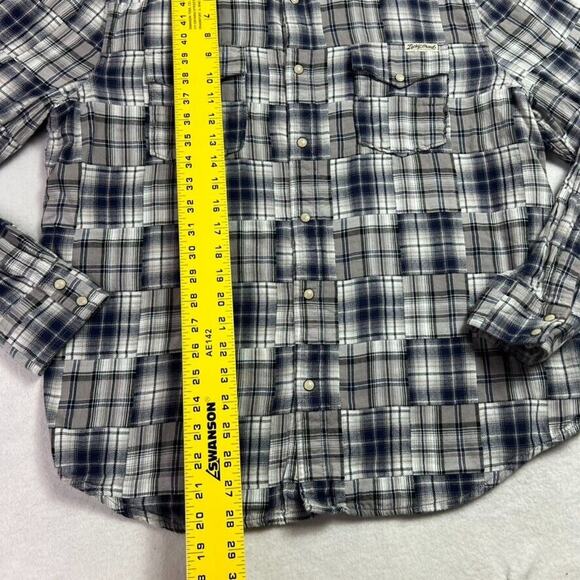 Lucky Brand Shirt Mens XL Blue Western Patchwork Pearl Snap Plaid Rodeo Country - Picture 3 of 8